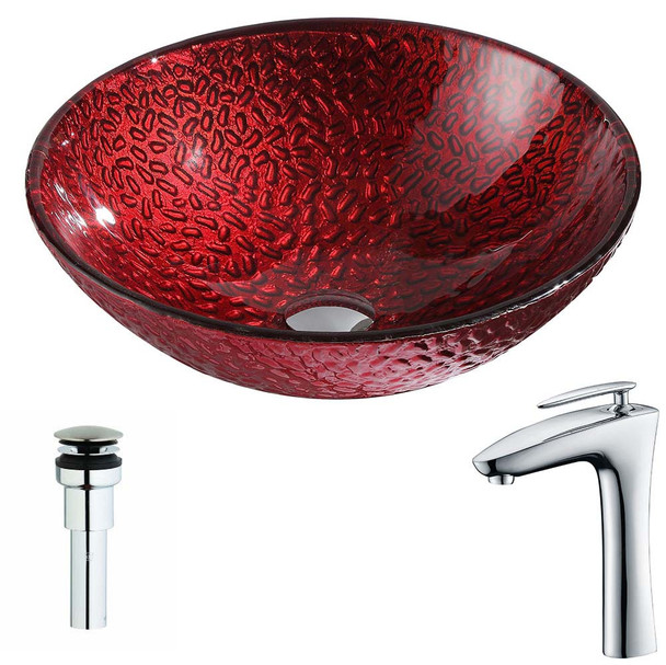 ANZZI Rhythm Series Deco-Glass Vessel Sink In Lustrous Red Finish with Crown Faucet In Chrome - LSAZ080-022