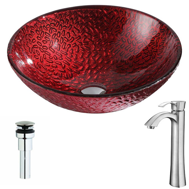 ANZZI Rhythm Series Deco-Glass Vessel Sink In Lustrous Red Finish with Harmony Faucet In Brushed Nickel - LSAZ080-095B