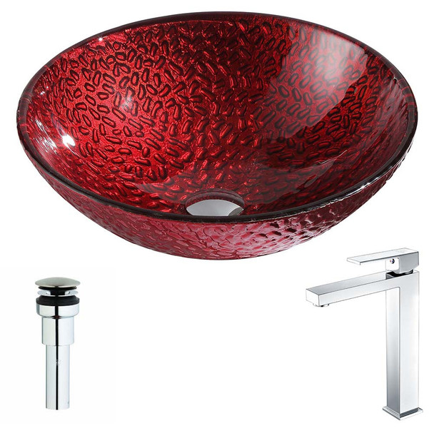 ANZZI Rhythm Series Deco-Glass Vessel Sink In Lustrous Red with Enti Faucet In Polished Chrome - LSAZ080-096