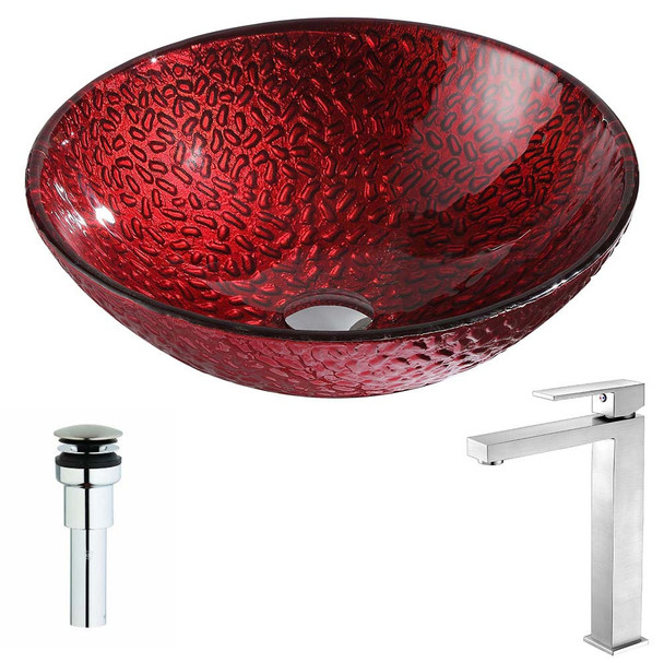 ANZZI Rhythm Series Deco-Glass Vessel Sink In Lustrous Red with Enti Faucet In Brushed Nickel - LSAZ080-096B