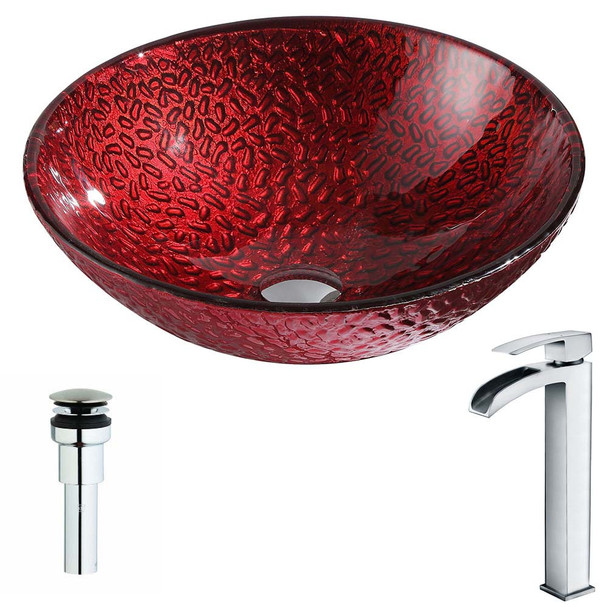 ANZZI Rhythm Series Deco-Glass Vessel Sink In Lustrous Red Finish with Key Faucet In Polished Chrome - LSAZ080-097