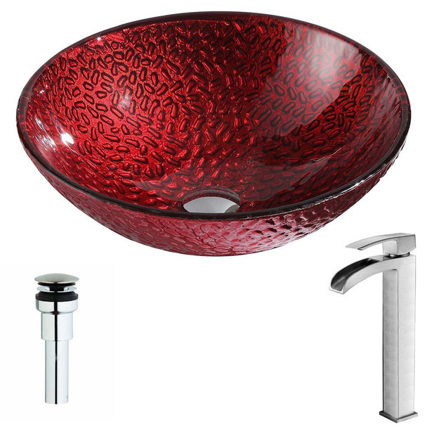 ANZZI Rhythm Series Deco-Glass Vessel Sink In Lustrous Red with Key Faucet In Brushed Nickel - LSAZ080-097B