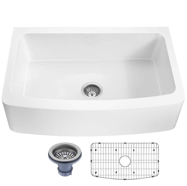 ANZZI Prisma Series Farmhouse Solid Surface 36" 0-Hole Single Bowl Kitchen Sink with 1 Strainer In Matte White - K-AZ273-A1