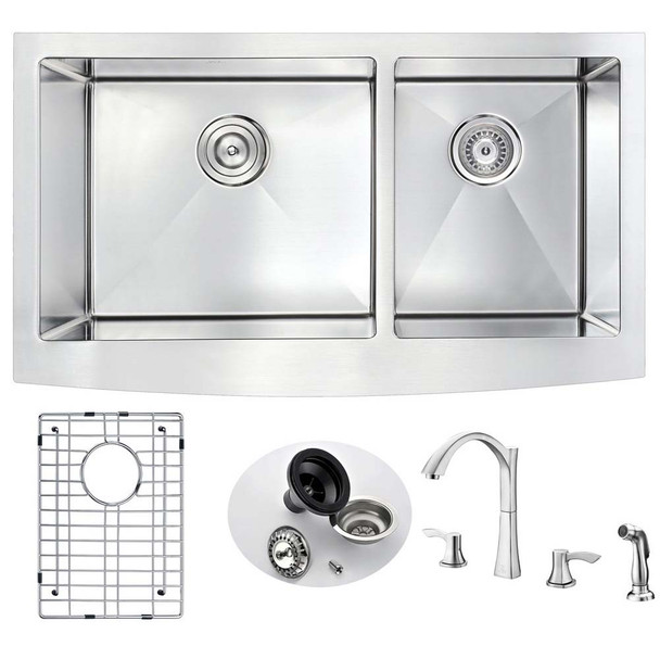 ANZZI Elysian Farmhouse Stainless Steel 33" Double Bowl Kitchen Sink And Faucet Set with Soave Faucet In Brushed Nickel - KAZ3320-032B