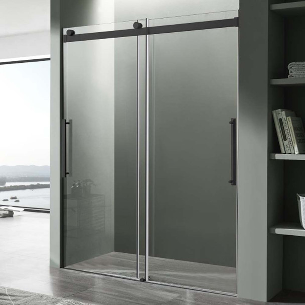 ANZZI Stellar Series 60" x 76" Frameless Sliding Shower Door with Handle In Matte Black - SD-FRLS05902MB