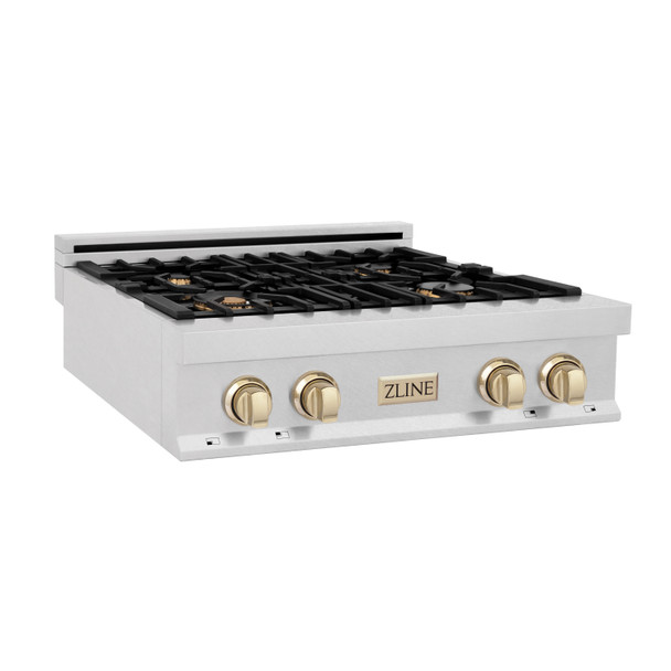 ZLINE Autograph Edition 30" Porcelain Rangetop with 4 Gas Burners in DuraSnow Stainless Steel and Gold Accents RTSZ-30-G