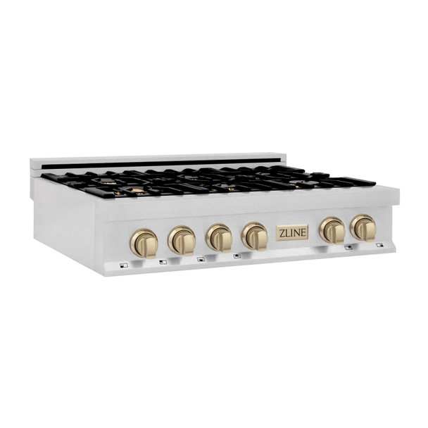 ZLINE Autograph Edition 36" Porcelain Rangetop with 6 Gas Burners in DuraSnow Stainless Steel and Gold Accents RTSZ-36-G
