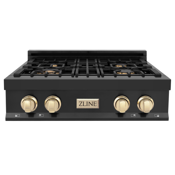 ZLINE Autograph Edition 30" Porcelain Rangetop with 4 Gas Burners in Black Stainless Steel and Gold Accents RTBZ-30-G