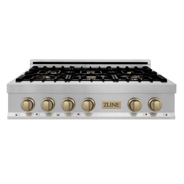 ZLINE Autograph Edition 36" Porcelain Rangetop with 6 Gas Burners in Stainless Steel and Champagne Bronze Accents RTZ-36-CB