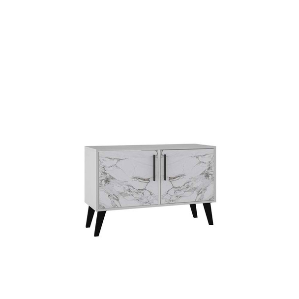 Manhattan Comfort 144AMC208 Mid-Century- Modern Amsterdam Double Side Table 2.0 with 3 Shelves in White Marble