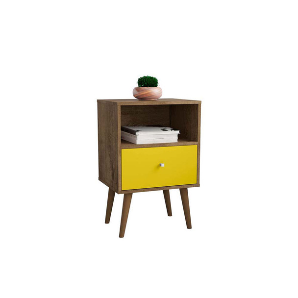 Manhattan Comfort 203AMC94 Liberty Mid-Century - Modern Nightstand 1.0 with 1 Cubby Space and 1 Drawer in Rustic Brown and Yellow