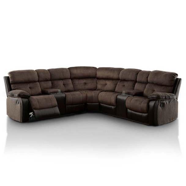 Furniture of America IDF-6871-SEC Roxan Transitional Champion Fabric and Faux Leather Reclining Sectional with 2 Consoles