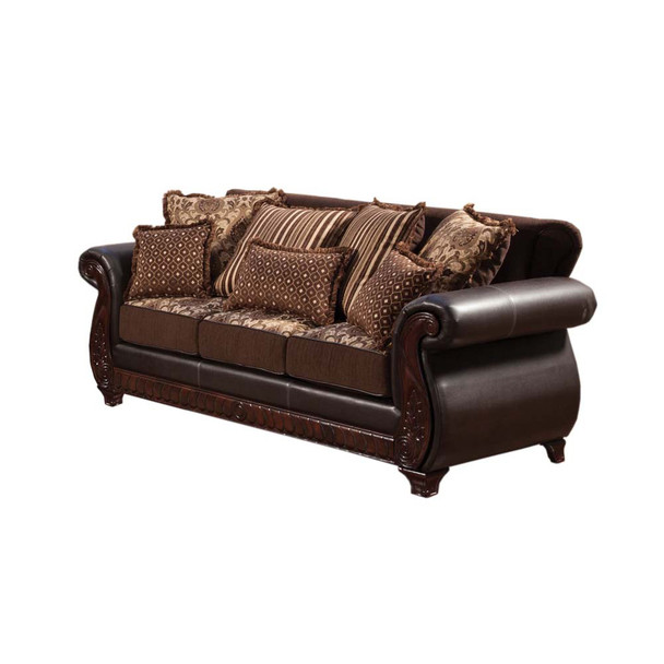 Furniture of America IDF-6106-SF Drala Traditional Faux Leather Sofa in Dark Brown