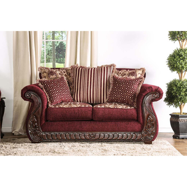 Furniture of America IDF-6110-LV Merzen Traditional Fabric Upholstered Loveseat in Wine