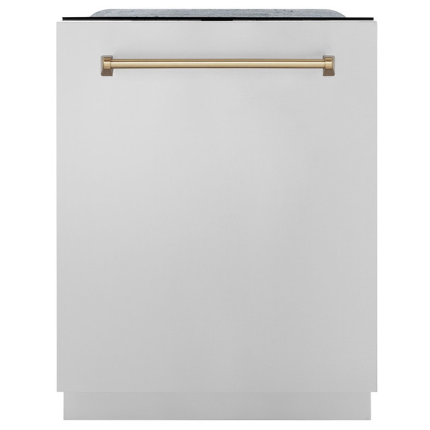 ZLINE Autograph Edition 24" 3rd Rack Top Touch Control Tall Tub Dishwasher in Stainless Steel with Champagne Bronze Handle, 51dBa - DWMTZ-304-24-CB