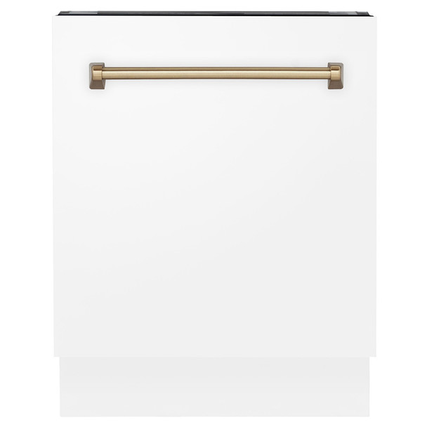 ZLINE Autograph Edition 24" 3rd Rack Top Control Tall Tub Dishwasher in White Matte with Champagne Bronze Handle, 51dBa (DWVZ-WM-24-CB)