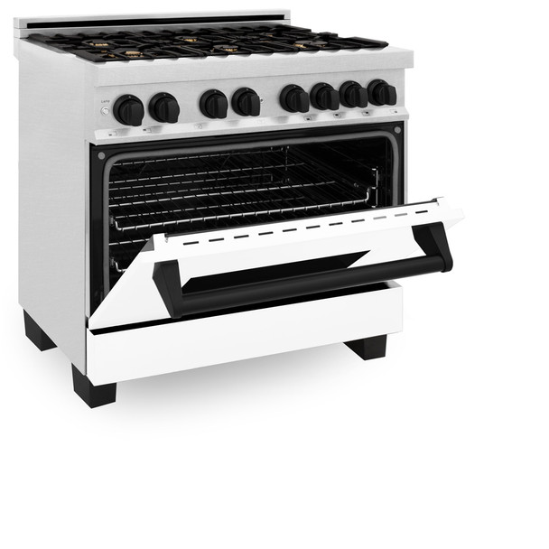 ZLINE Autograph Edition 36" 4.6 cu. ft. Dual Fuel Range with Gas Stove and Electric Oven in DuraSnow® Stainless Steel with White Matte Door and Matte Black Accents (RASZ-WM-36-MB)