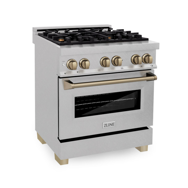 ZLINE Autograph Edition 30" 4.0 cu. ft. Dual Fuel Range with Gas Stove and Electric Oven in DuraSnow® Stainless Steel with Champagne Bronze Accents RASZ-SN-30-CB