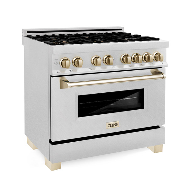 ZLINE Autograph Edition 36" 4.6 cu. ft. Dual Fuel Range with Gas Stove and Electric Oven in DuraSnow Stainless Steel with Gold Accents (RASZ-SN-36-G)