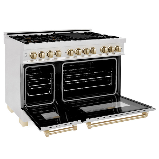 ZLINE Autograph Edition 48" 6.0 cu. ft. Dual Fuel Range with Gas Stove and Electric Oven in DuraSnow Stainless Steel with Gold Accents (RASZ-SN-48-G)