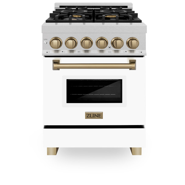 ZLINE Autograph Edition 24" 2.8 cu. ft. Dual Fuel Range with Gas Stove and Electric Oven in DuraSnow Stainless Steel with White Matte Door and Champagne Bronze Accents (RASZ-WM-24-CB)