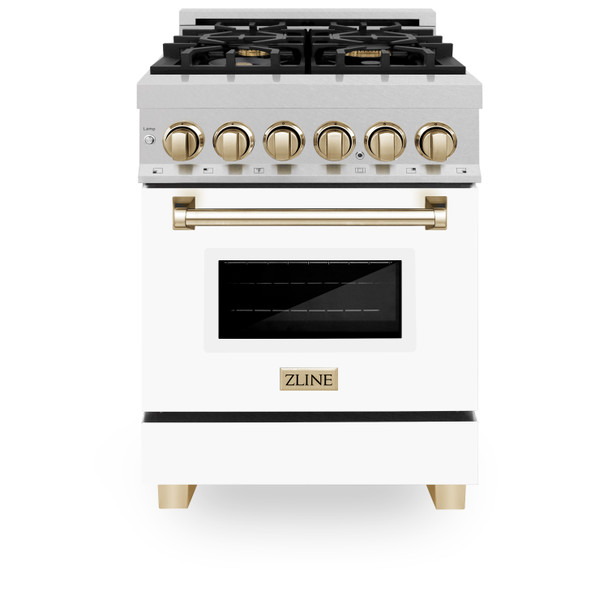 ZLINE Autograph Edition 24" 2.8 cu. ft. Dual Fuel Range with Gas Stove and Electric Oven in DuraSnow Stainless Steel with White Matte Door and Gold Accents (RASZ-WM-24-G)