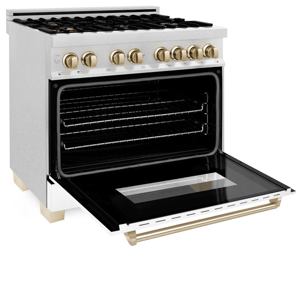 ZLINE Autograph Edition 36" 4.6 cu. ft. Dual Fuel Range with Gas Stove and Electric Oven in DuraSnow Stainless Steel with White Matte Door and Gold Accents (RASZ-WM-36-G)