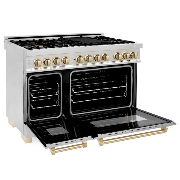 ZLINE Autograph Edition 48" 6.0 cu. ft. Dual Fuel Range with Gas Stove and Electric Oven in Stainless Steel with Gold Accents (RAZ-48-G)
