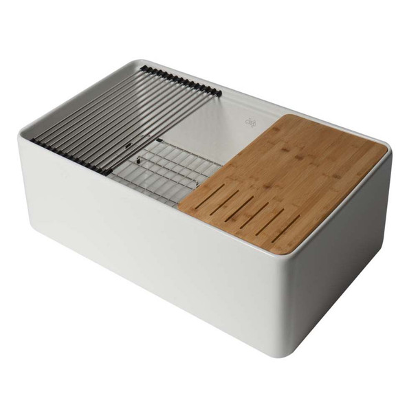 ALFI Brand ABFS3020-W White Smooth Apron Workstation 30" x 20" Single Bowl Step Rim Fireclay Farm Sink with Accessories