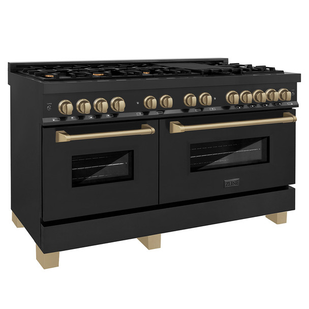 ZLINE Autograph Edition 60" 7.4 cu. ft. Dual Fuel Range with Gas Stove and Electric Oven in Black Stainless Steel with Champagne Bronze Accents (RABZ-60-CB) RABZ-60-CB