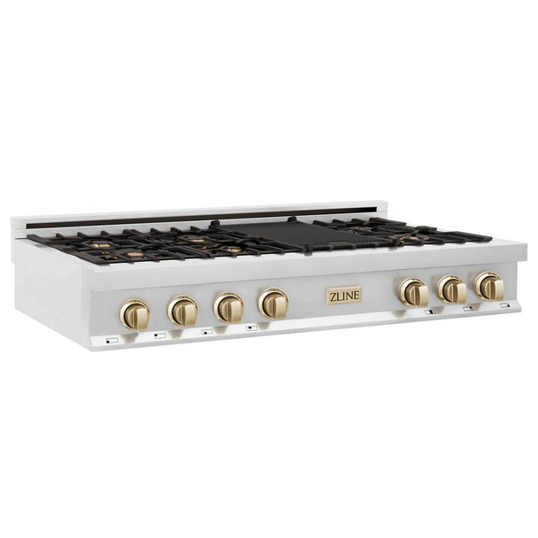 ZLINE Autograph Edition 48" Porcelain Rangetop with 7 Gas Burners in Stainless Steel and Gold Accents (RTZ-48-G) RTZ-48-G