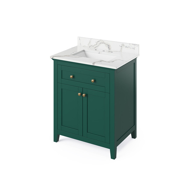 30" Forest Green Chatham Vanity, Calacatta Vienna Quartz Vanity Top, undermount rectangle bowl