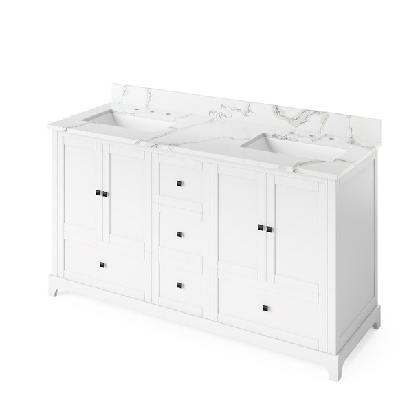 60" White Addington Vanity, double bowl, Calacatta Vienna Quartz Vanity Top, two undermount rectangle bowls