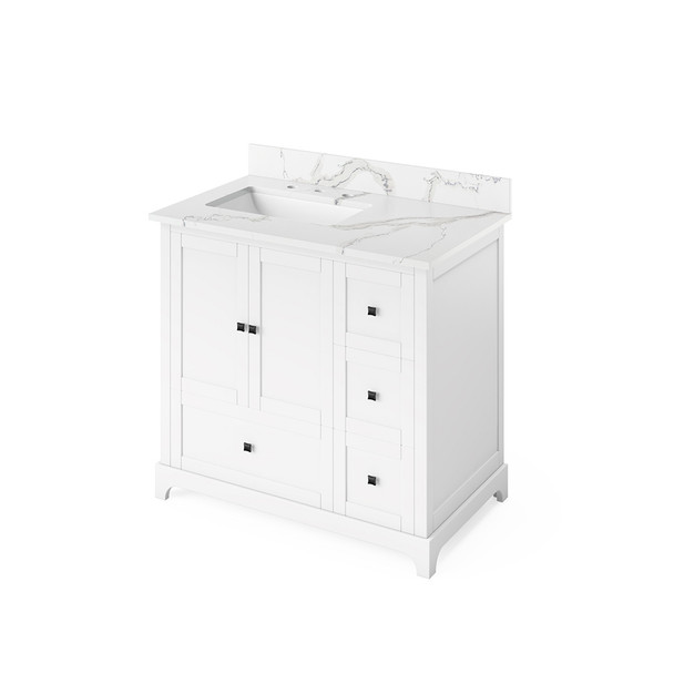 36" White Addington Vanity, left offset, Calacatta Vienna Quartz Vanity Top, undermount rectangle bowl