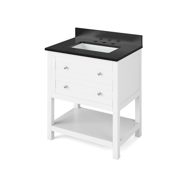 30" White Astoria Vanity, Black Granite Vanity Top, undermount rectangle bowl