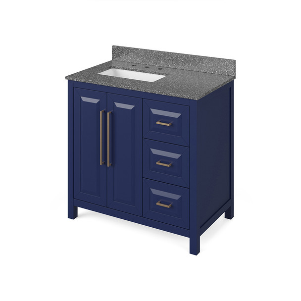 36" Hale Blue Cade Vanity, left offset, Boulder Vanity Cultured Marble Vanity Top, undermount rectangle bowl