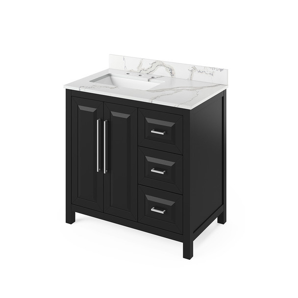 36" Black Cade Vanity, left offset, Calacatta Vienna Quartz Vanity Top, undermount rectangle bowl