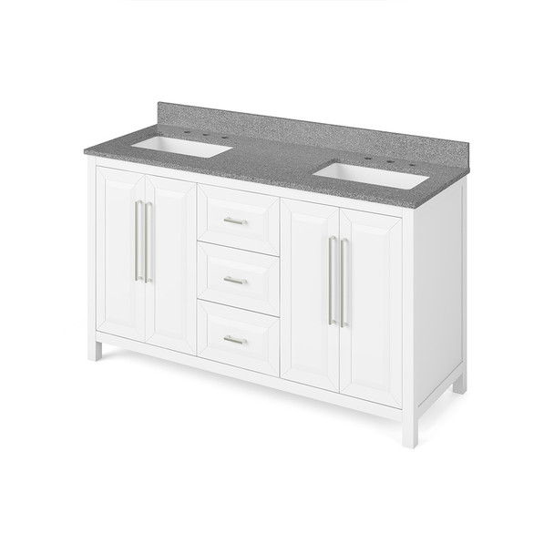 60" White Cade Vanity, double bowl, Steel Grey Cultured Marble Vanity Top, undermount rectangle bowl