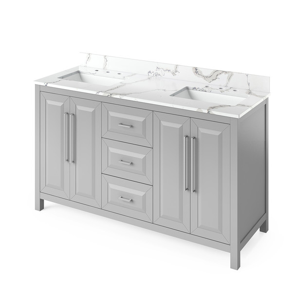 60" Grey Cade Vanity, double bowl, Calacatta Vienna Quartz Vanity Top, undermount rectangle bowl