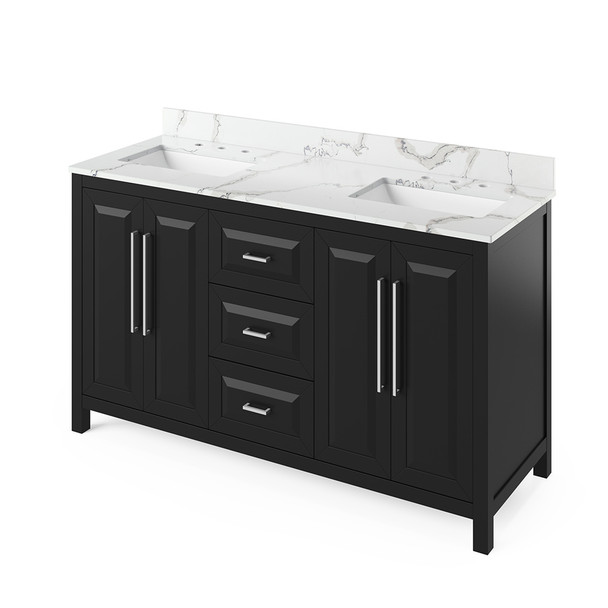 60" Black Cade Vanity, double bowl, Calacatta Vienna Quartz Vanity Top, two undermount rectangle bowls