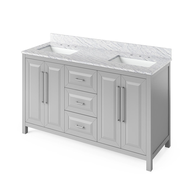 60" Grey Cade Vanity, double bowl, White Carrara Marble Vanity Top, undermount rectangle bowl