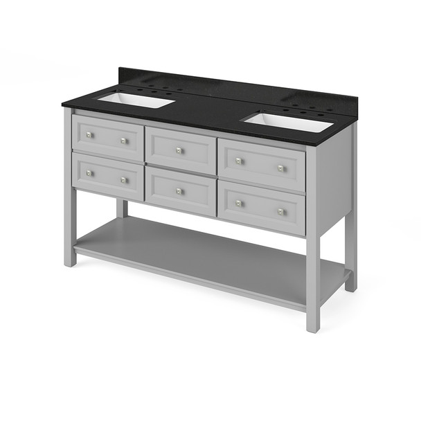 60" Grey Adler Vanity, double bowl, Black Granite Vanity Top, two undermount rectangle bowls