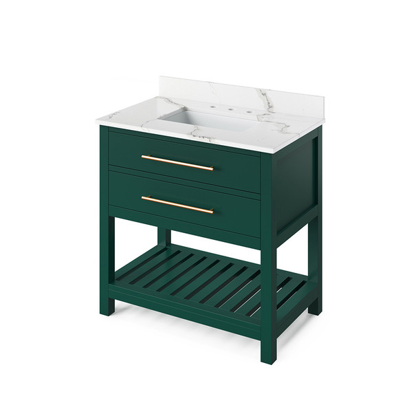 36" Forest Green Wavecrest Vanity, Calacatta Vienna Quartz Vanity Top, undermount rectangle bowl