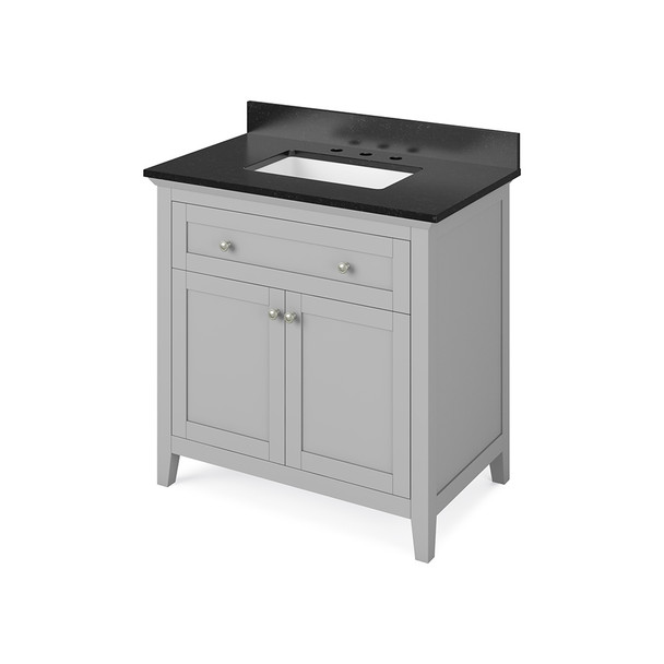 36" Grey Chatham Vanity, Black Granite Vanity Top, undermount rectangle bowl