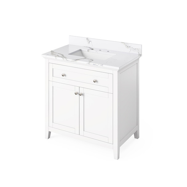 36" White Chatham Vanity, Calacatta Vienna Quartz Vanity Top, undermount rectangle bowl