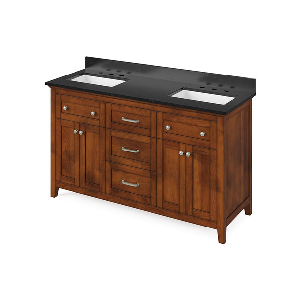 60" Chocolate Chatham Vanity, double bowl, Black Granite Vanity Top, two undermount rectangle bowls