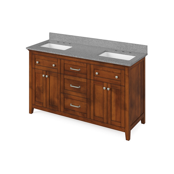 60" Chocolate Chatham Vanity, double bowl, Steel Grey Cultured Marble Vanity Top, two undermount rectangle bowls