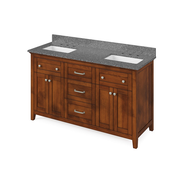 60" Chocolate Chatham Vanity, double bowl, Boulder Cultured Marble Vanity Top, two undermount rectangle bowls
