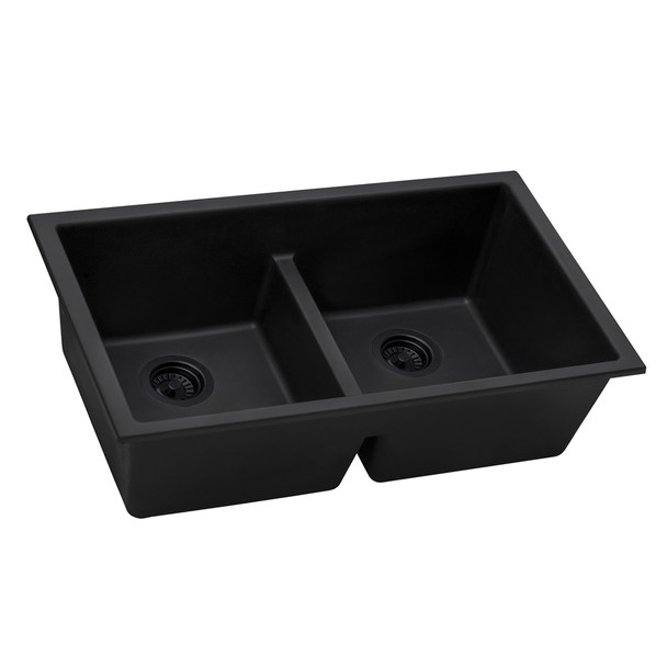 Ruvati 33 x 19 inch Granite Composite Undermount Low Divide Double Bowl Kitchen Sink - Midnight Black - RVG2385BK