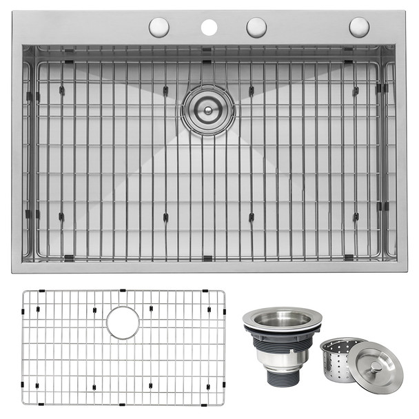 Ruvati 33 x 22 inch Drop-in Topmount 16 Gauge Zero Radius Stainless Steel Kitchen Sink Single Bowl - 4 holes - RVH8001
